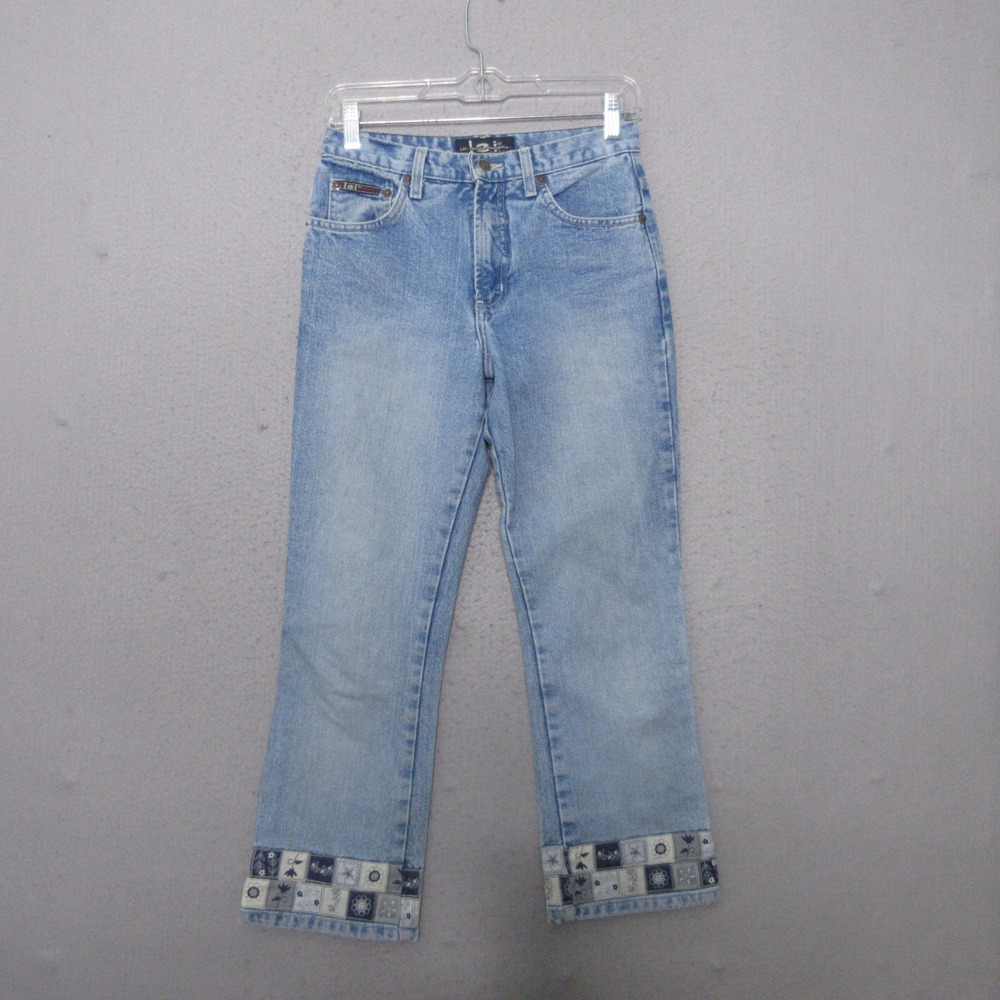 Vintage L.E.I. Jeans 3 Blue Patchwork Floral Hem 90s Festival Cottage Core Boho